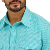 Wrangler Men's Bright Turquoise Checkered Plaid Short Sleeve