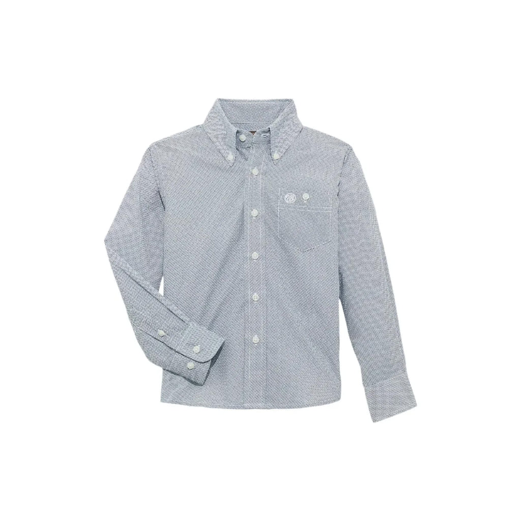 Boy's long sleeve button down shirt with white buttons, white embroidered logo, and light blue diamond print. 