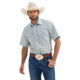 Light Blue/Red Plaid Retro Sawtooth Pearl Snap Short Sleeve Shirt