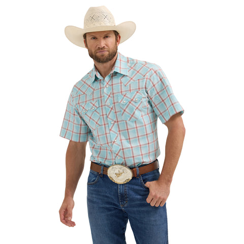 Light Blue/Red Plaid Retro Sawtooth Pearl Snap Short Sleeve Shirt