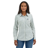 Wrangler Women's Green/White Striped Long Sleeve Shirt with Two Snap Pockets