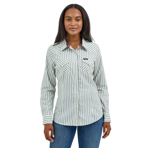 Wrangler Women's Green/White Striped Long Sleeve Shirt with Two Snap Pockets