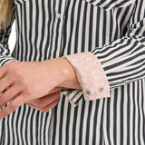 Women's Black/White Striped Long Sleeve Shirt with Floral Cuffs