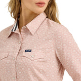 Women's Pink, White Geo Flower Long Sleeve Western Shirt Showing Pockets and Yoke