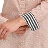Women's Pink, White Geo Flower Long Sleeve Western Shirt with Contrasting Striped Cuffs 