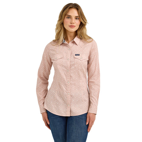Women's Pink, White Geo Flower Long Sleeve Snap Western Shirt with Two Pockets