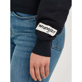 Black crew neck sweatshirt sleeve with Wrangler Logo
