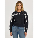 Black crew neck sweatshirt, long live cowboys on front 