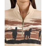 Women's Light Tan Horse Print Sweatshirt with 1/4 zip front