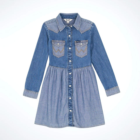 Wrangler Girls' Western Denim Dress with W stitching on pockets
