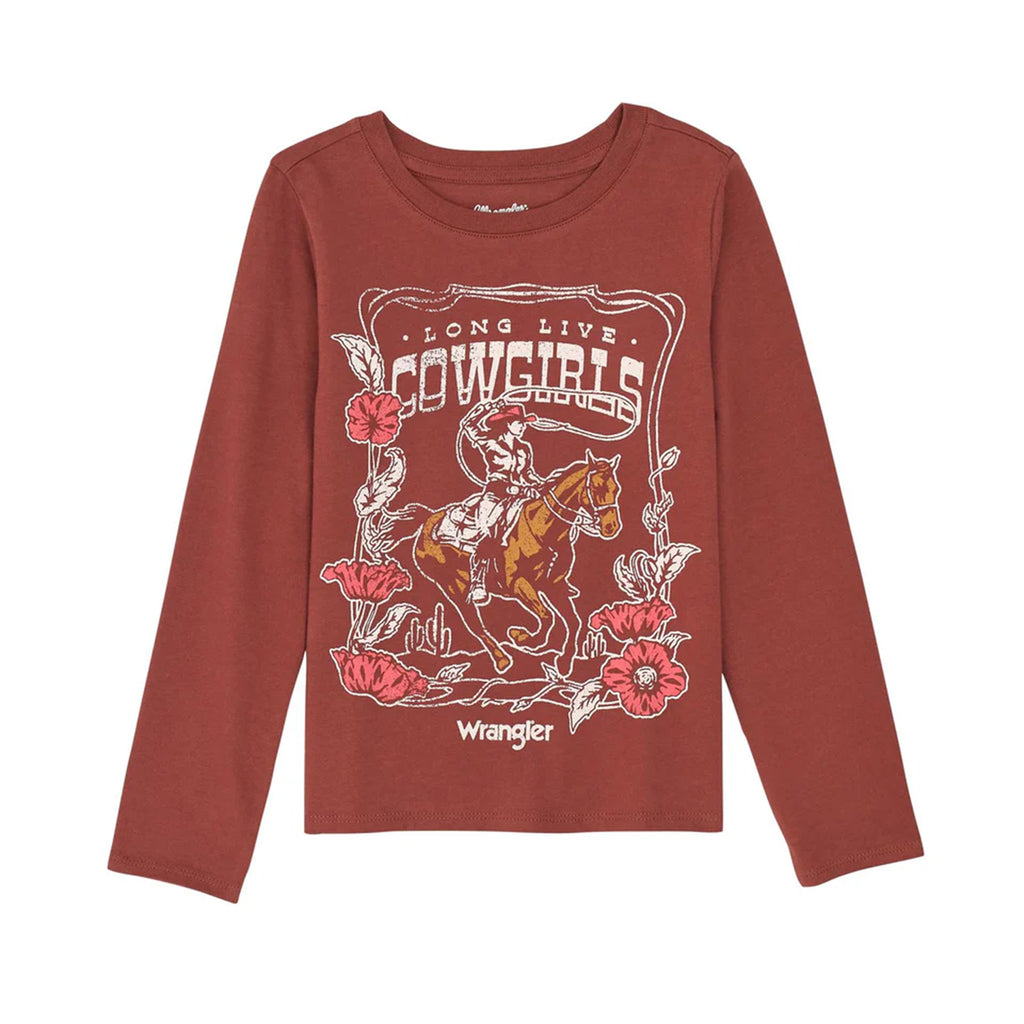 girls burgundy long sleeve shirt with long live cowgirls graphic on front