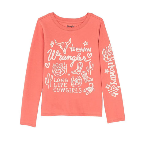 girls coral long sleeve tee with white Western sayings