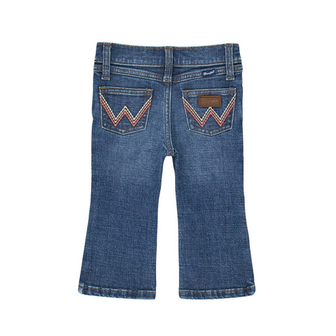 Toddler Girls Dark Wash Bootcut Jeans with "W" Embroidered onto back pockets.