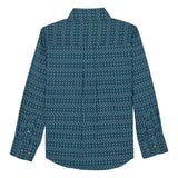 kids blue geo print long sleeve button up shirt with one front pocket