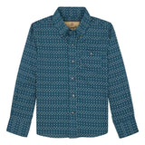 kids blue geo print long sleeve button up shirt with one front pocket