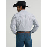 Back View of Blue and Charcoal Striped Long Sleeve Button-up Shirt