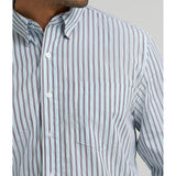 Blue and Charcoal Striped Long Sleeve Button-up Shirt Close-up