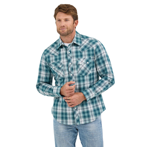 Men's Teal Plaid Western Long Sleeve Shirt with Sawtooth Pockets