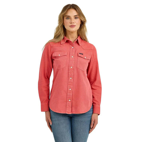 Women’s Solid Coral Cowboy Snap Shirt with long sleeves