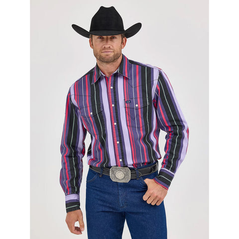 Retro Violet Striped Long Sleeve Shirt with Snaps and Two Pockets
