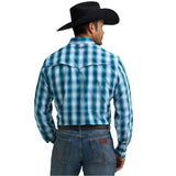 Teal and Black Plaid Snap Long Sleeve Shirt Back View