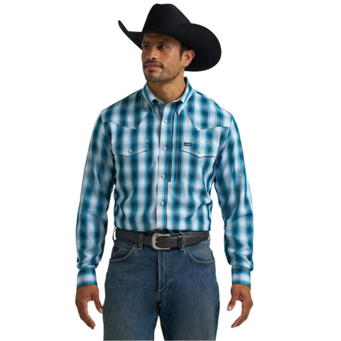 Teal and Black Plaid Snap Long Sleeve Shirt