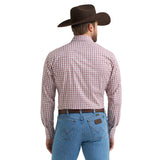 Back of Wrangler plaid shirt highlighting yoke detail and red-gray color blend