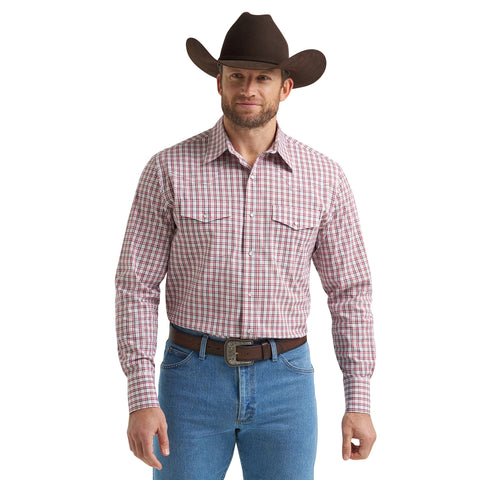 Wrangler White/Gray and Red Plaid Shirt worn by male model 