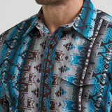 Teal Aztec Pearl Snap- Close Up