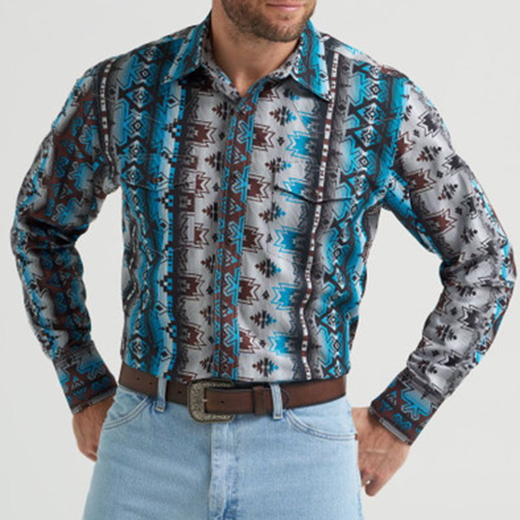 Teal Aztec Pearl Snap- Front View