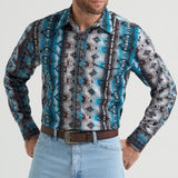 Teal Aztec Pearl Snap- Front View