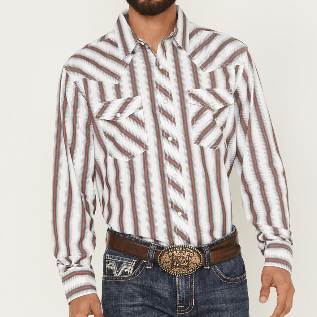 Red White and Grey Striped Pearl Snap- Front View