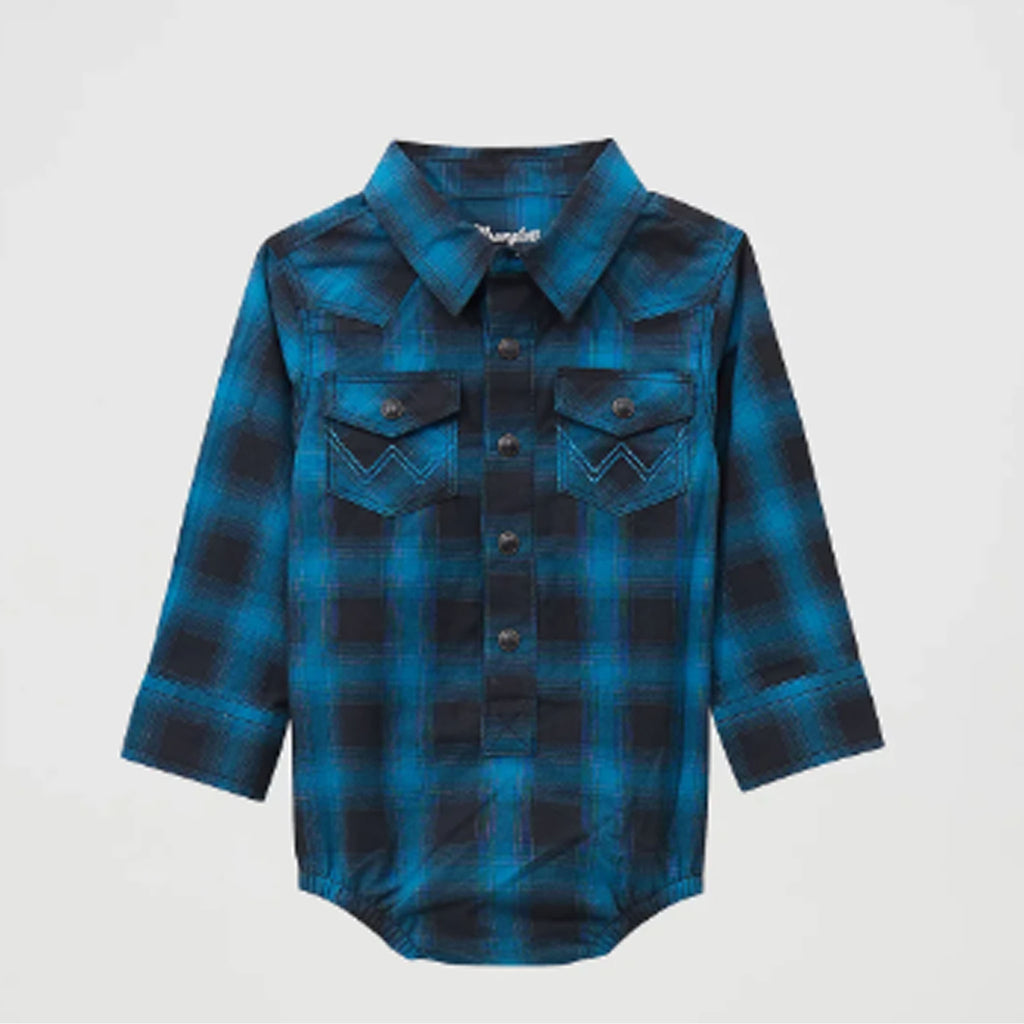 Boys Black and Blue Plaid Onesie with Pearl Snap Closure