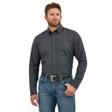 Men's long sleeve button down shirt in the color black with dark grey print. 
