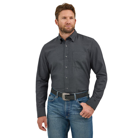 Men's long sleeve button down shirt in the color black with dark grey print. 