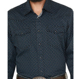 Navy Geo Print Pearl Snap- Close up of Collar and Front