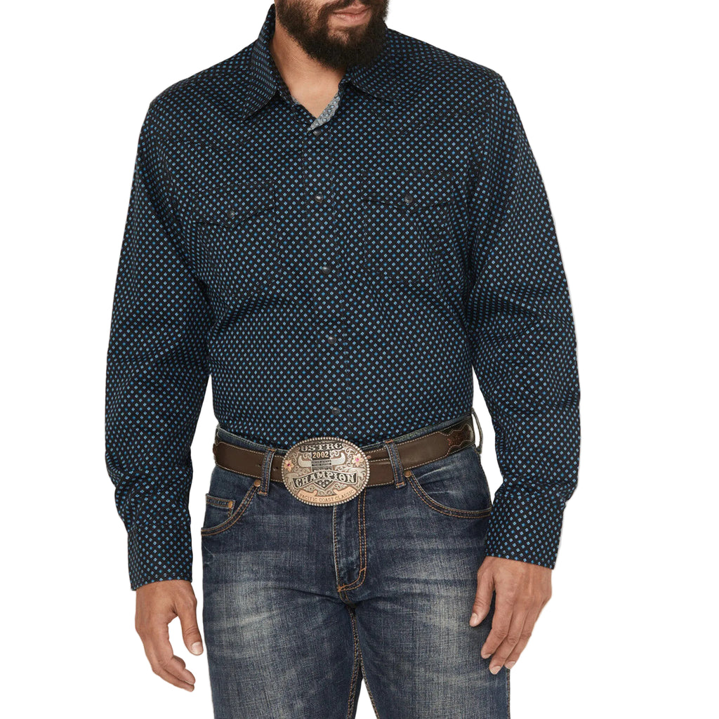 Navy Geo Print Pearl Snap- Front View