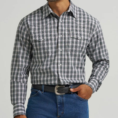 Grey and Turquoise Checkered Long Sleeve Pearl Snap- Front View