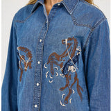 Denim Button Up With Bronc Pattern- Close up of Bronc Pattern