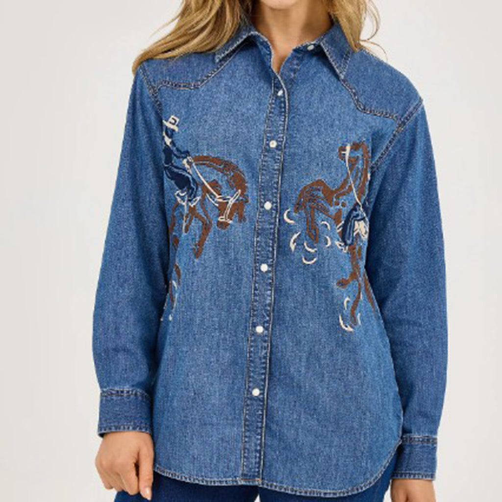 Denim Button Up With Bronc Pattern- Front View