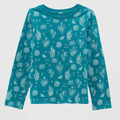 Green Long Sleeve Tee with White Cactus Print