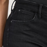 women's black high-rise, boot cut jean-front pocket view