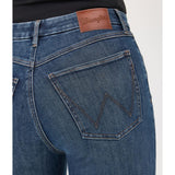 women's high rise, wide leg, dark wash jeans with w on pocket close up viw
