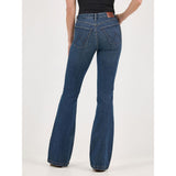 women's high rise, wide leg, dark wash jeans with w on pocket