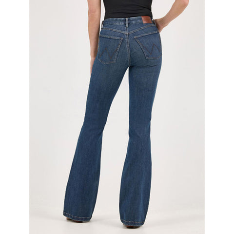 women's high rise, wide leg, dark wash jeans with w on pocket
