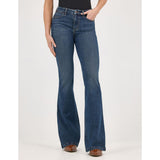 women's high rise, wide leg, dark wash jeans with front pockats