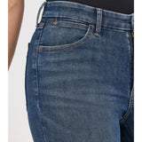 women's high rise, wide leg, dark wash jeans with close up view of front pocket