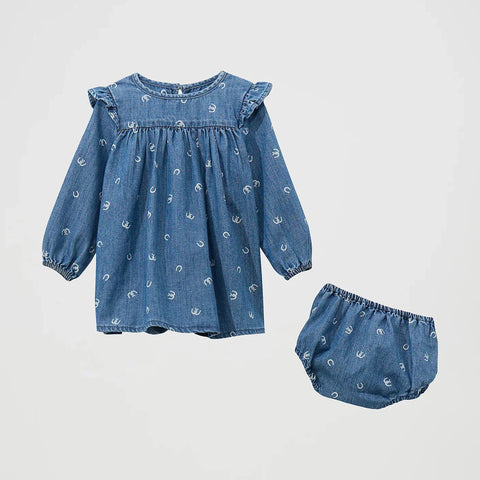 Denim with White Horseshoe Print Trapeze Dress with matching diaper cover