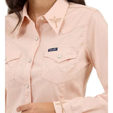Solid Pink Pearl Snap with Embroidered Cuffs and Collar- Close Up