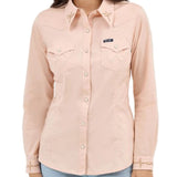 Solid Pink Pearl Snap with Embroidered Cuffs and Collar- Front View